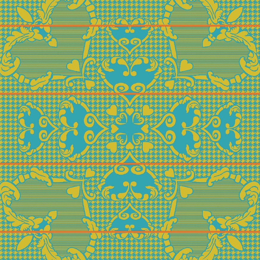 A woollen blanket with a geometric pattern featuring hearts and floral motifs in peacock blue, gold, and orange colors on a checkered background.